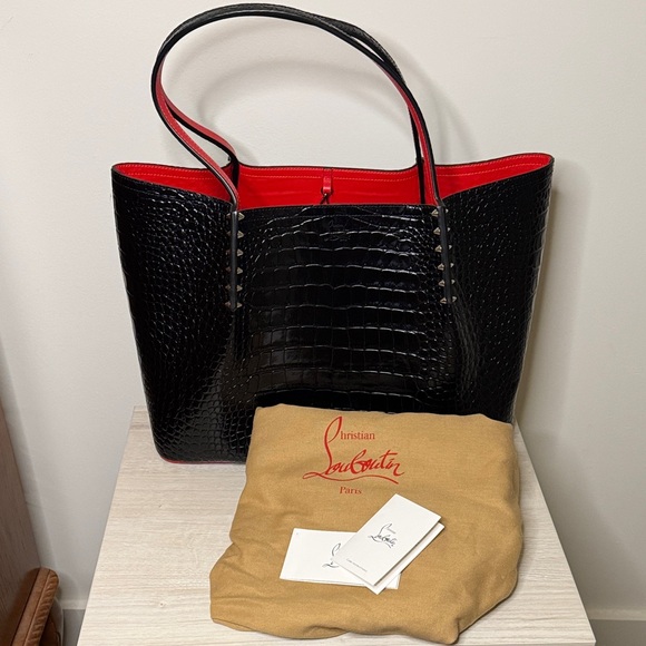 Christian Louboutin Croc-Embossed Black and Red Tote - Picture 2 of 7